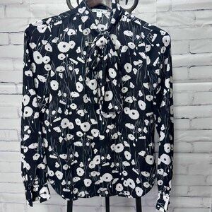 Bar III Black White Floral Tie-Neck Blouse XS | Sheer Long Sleeve Top